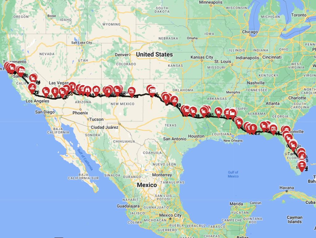 Motorhome route planner for RV trip from Miami to San Francisco